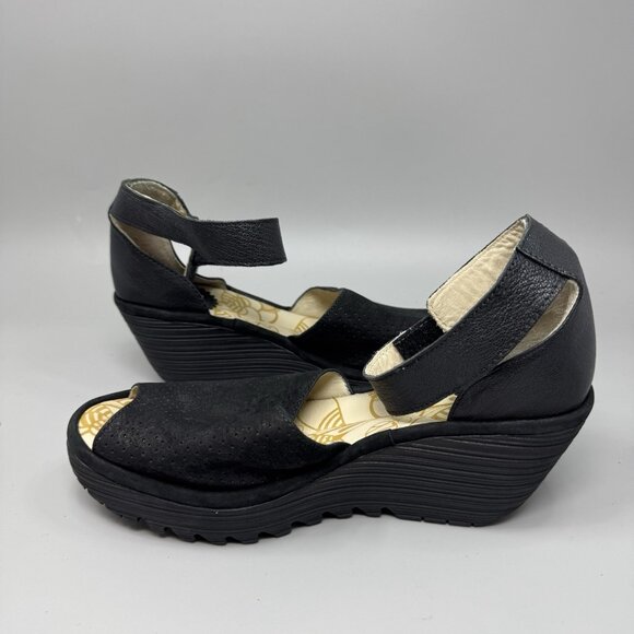Fly London Yula Women’s Black Wedge Sandals Size 11 - Picture 2 of 8